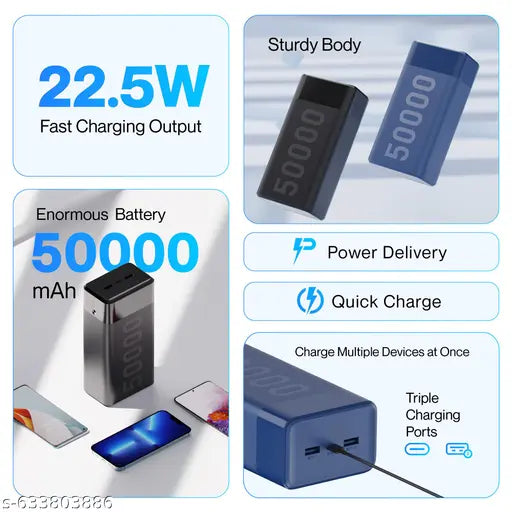 50000mAh Powerbank with 20W Fast Charging, Triple Output & Type‑C Input – Blue