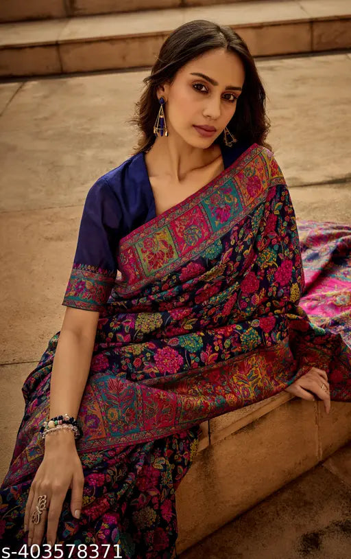 Navy Blue Pure Jamewar Kashmiri Modal Handloom Paithani Silk Saree