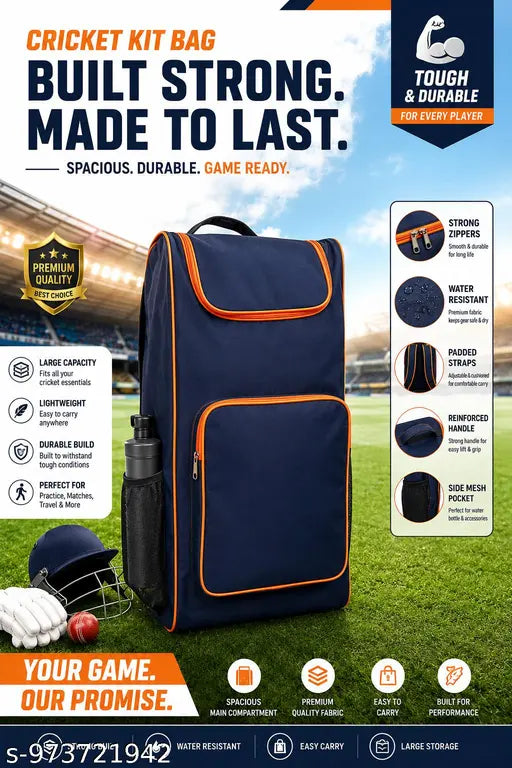 Premium Water‑Resistant Cricket Kit Bag – Spacious Backpack with Padded Straps (Navy Blue)