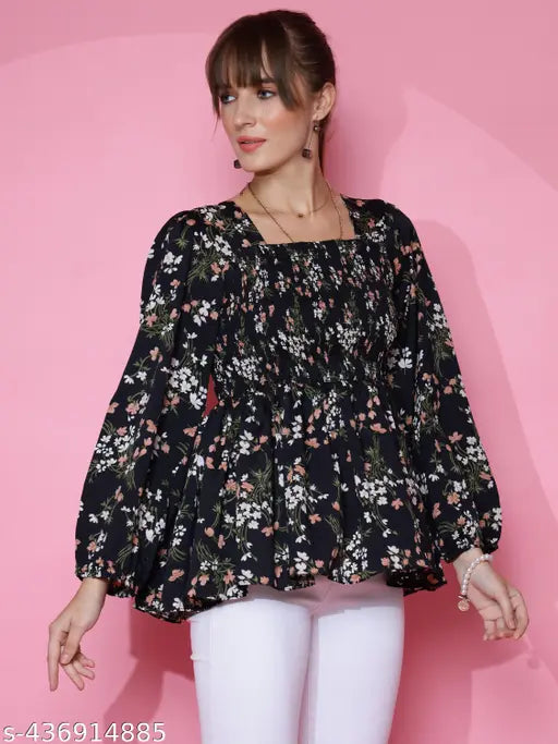 Women’s Floral Printed Crepe Peplum Top – Black, Long Sleeves