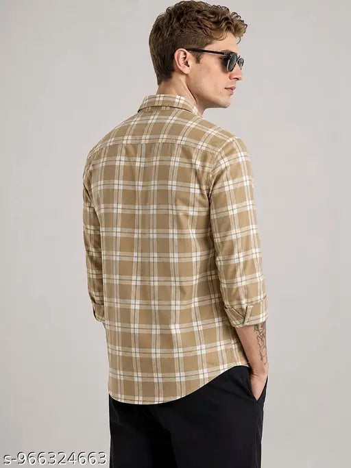 Men’s Slim Fit Checked Cotton Casual Shirt – Beige