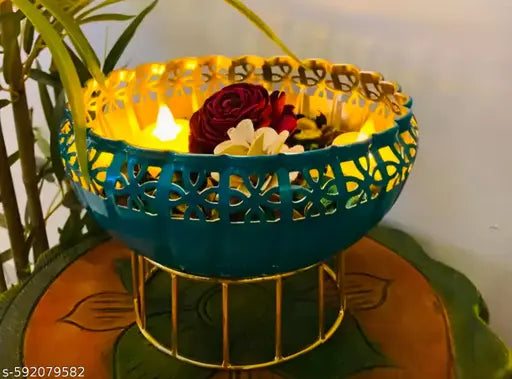 Onam Special Green Urli Bowl with Stand | Floating Flowers & Tealight Holder