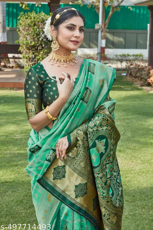 Cotton Silk Jacquard Saree – French Green Banarasi Saree