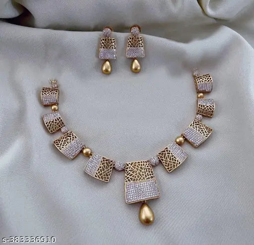 Premium Gold Plated Cubic Zirconia Geometric Necklace with Earrings