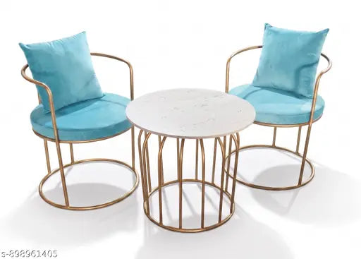 Blue Velvet Accent Chairs with Marble Top Coffee Table