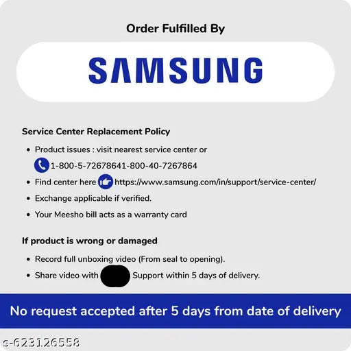Samsung service center replacement policy card with contact information and warranty details.