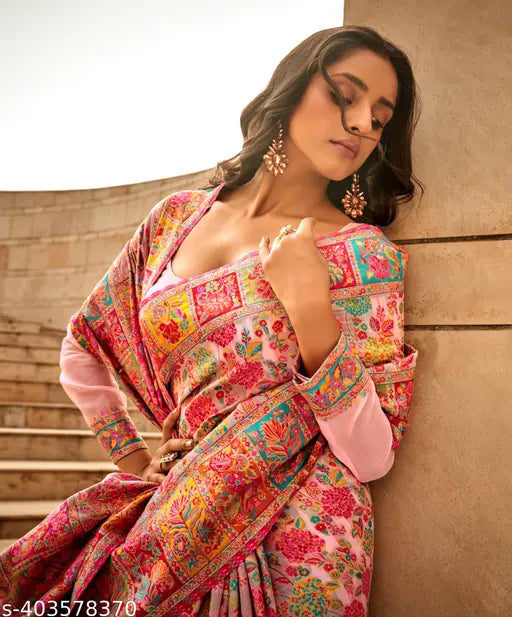 Baby Pink Pure Jamewar Kashmiri Modal Handloom Silk Saree