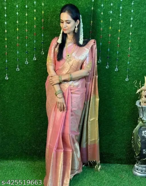 Wedding Anniversary Tissue Banarasi Pink Saree with Zari Border