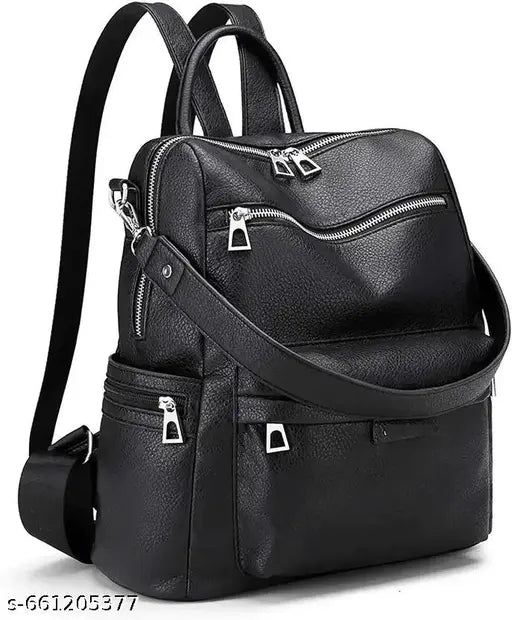 Premium Black Leather Backpack | Stylish Multi‑Zip Office & College Bag