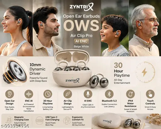 Open Ear Wireless Earbuds with 10mm Driver, ENC Mic & 30H Playtime – Beige