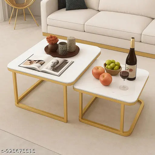 Square Coffee Table with Marble Accent Top | Metal Frame Center Table