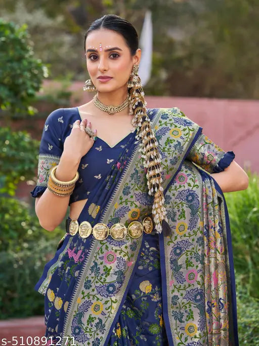 Kanchipuram Paithani Silk Saree | Navy Blue Handloom with Gold Zari Work