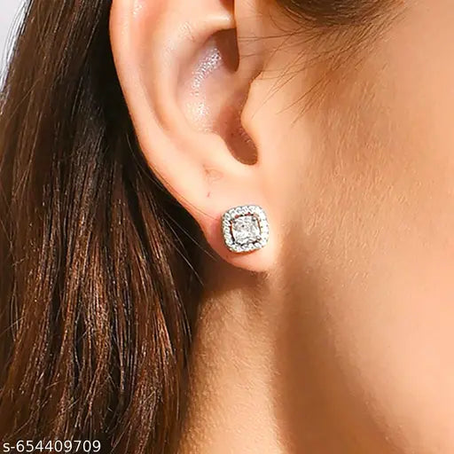 Luxury Cushion Cut CZ Halo Stud Earrings | Silver Plated