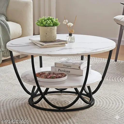 Luxury Round Marble Coffee Table | Black Metal Base Modern Center Table