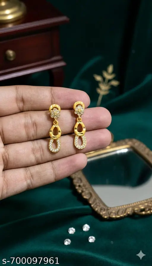 Premium Double Decker Gold Plated Earrings | Daily Wear CZ Chandelier Jewellery