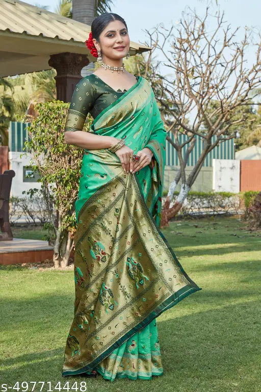 Peacock Print Seagreen Banarasi Cotton Silk Jacquard Artisanal Saree