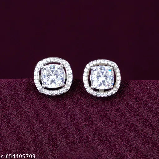 Luxury Cushion Cut CZ Halo Stud Earrings | Silver Plated