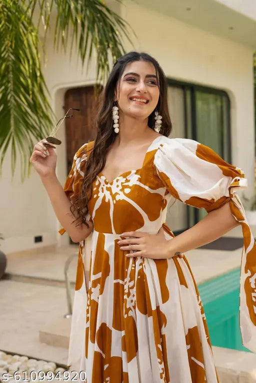 Women’s Floral Printed Puff Sleeve Maxi Dress –  Flared Fit