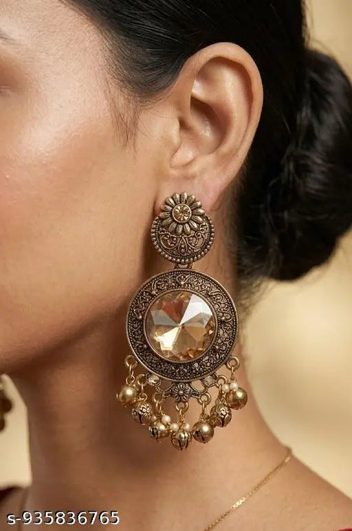 Antique Gold Alloy with Pearls & Glass Stone Ethnic Chandelier Earrings