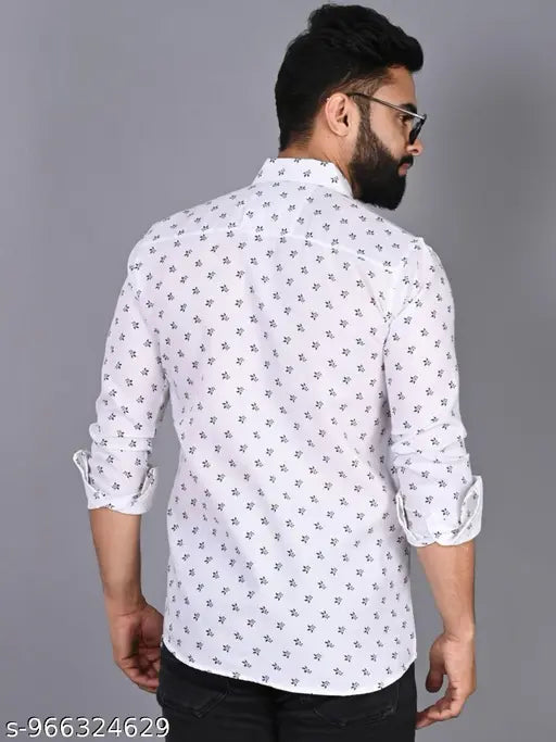 Men’s Slim Fit Printed Cotton Casual Shirt – White