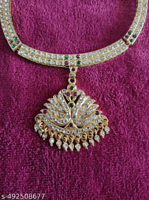 Onam Special Brass Gold‑Plated Jewel Set | Necklace with CZ Stones