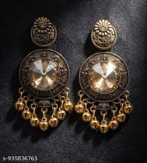 Antique Gold Alloy with Pearls & Glass Stone Ethnic Chandelier Earrings