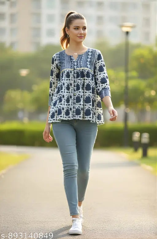 Women’s Jaipuri Printed Cotton Short Top – Navy Blue