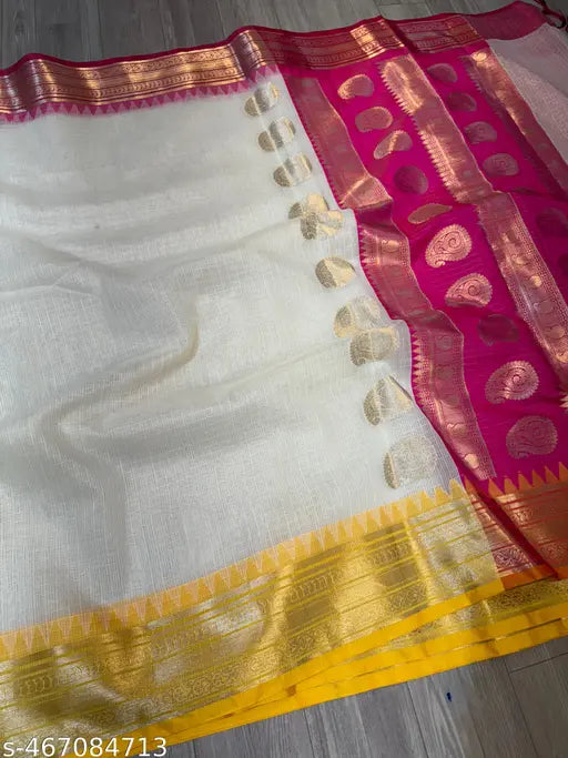 Banarasi Kota Check Silver Saree with Zari Border