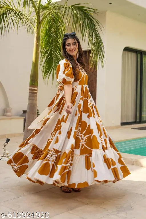 Women’s Floral Printed Puff Sleeve Maxi Dress –  Flared Fit