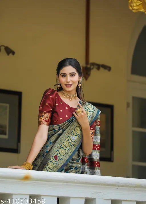 English Grey Cotton Silk Jacquard Saree – Banarasi Party Wear