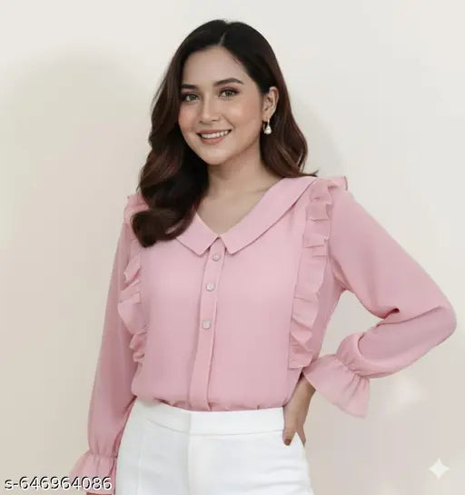 Women’s Korean Style V‑Neck Pink Georgette Top – Ruffled Sleeves