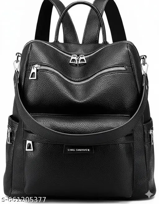 Premium Black Leather Backpack | Stylish Multi‑Zip Office & College Bag
