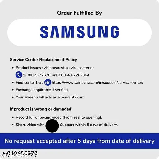 Samsung service center replacement policy information card with contact details and warranty information.