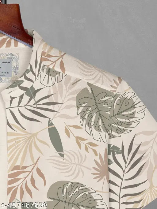 Men’s Regular Fit Botanical Printed Cotton Blend Casual Shirt – White, Half Sleeves