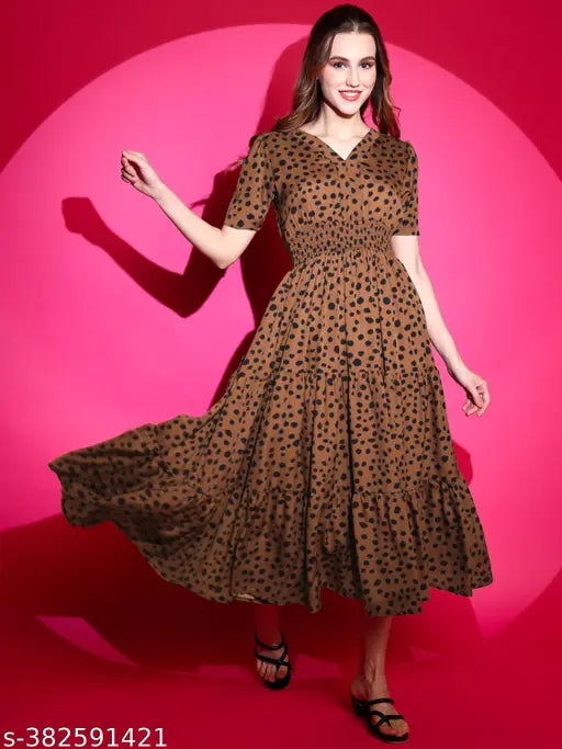 Women’s V‑Neck Fit & Flare Midi Dress – Maroon, Crepe, Short Sleeves