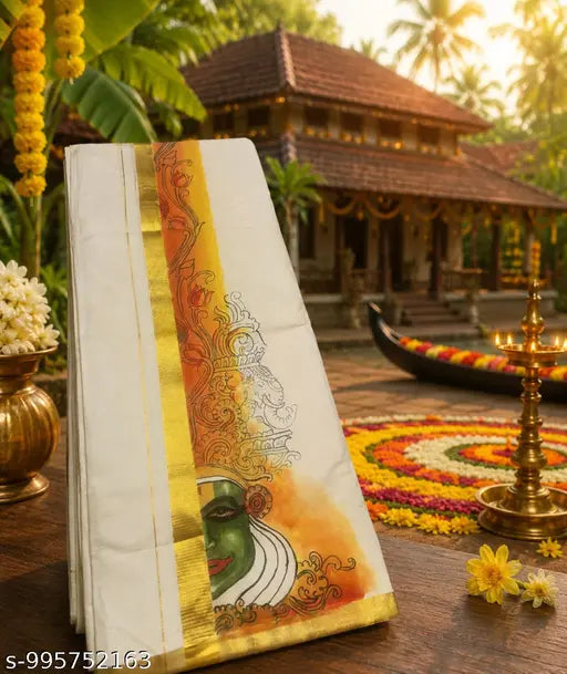A folded white fabric item with a gold border and traditional printed illustration stands on a wooden table in a tropical outdoor setting with a house, palm trees, flowers, and brass lamps visible in the background.