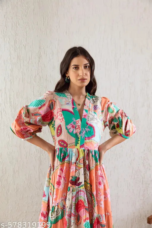Women’s Multi‑Colored V‑Neck Fit & Flare Maxi Dress – Crepe