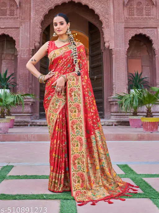 Kanchipuram Paithani Silk Saree | Red Handloom with Gold Zari Work