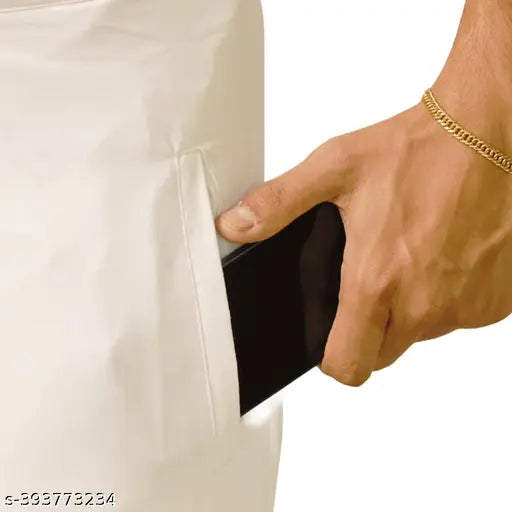 Onam Special Men’s Cotton Mundu with Pocket & Angavastaram Towel | Cream White with Jari Border