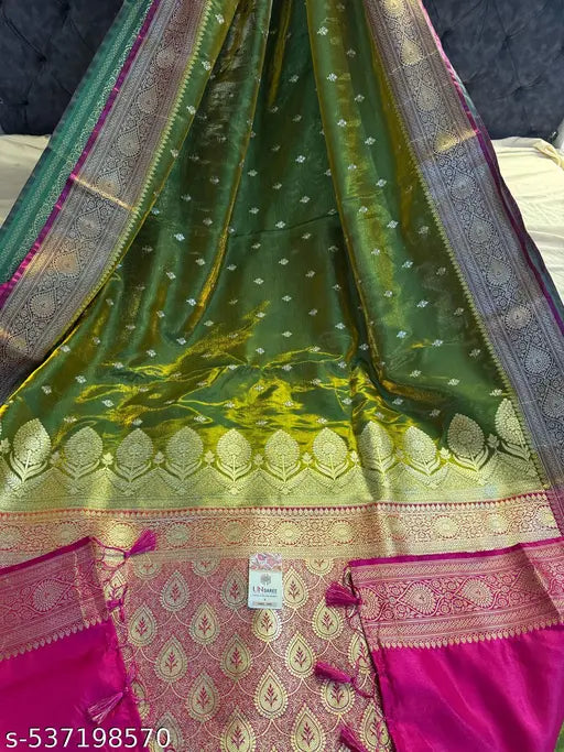Mehendi Banarasi Satin Silk Saree – Green Zari Woven Traditional Wear