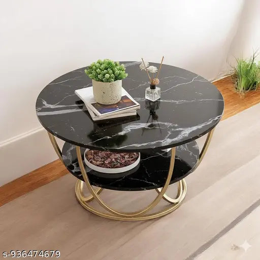 Round Coffee Table with Black Marble Top | Gold Metal Frame Accent Table