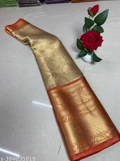 Stunning Kanchivaram Banarasi Tissue Saree – Orange Zari Woven Traditional Wear