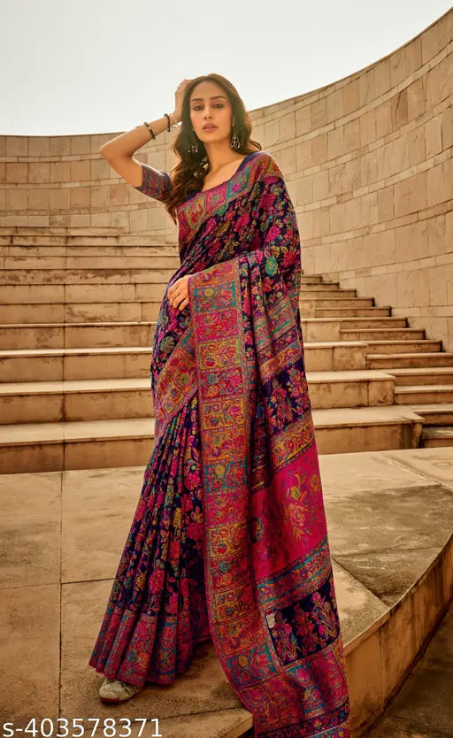 Navy Blue Pure Jamewar Kashmiri Modal Handloom Paithani Silk Saree