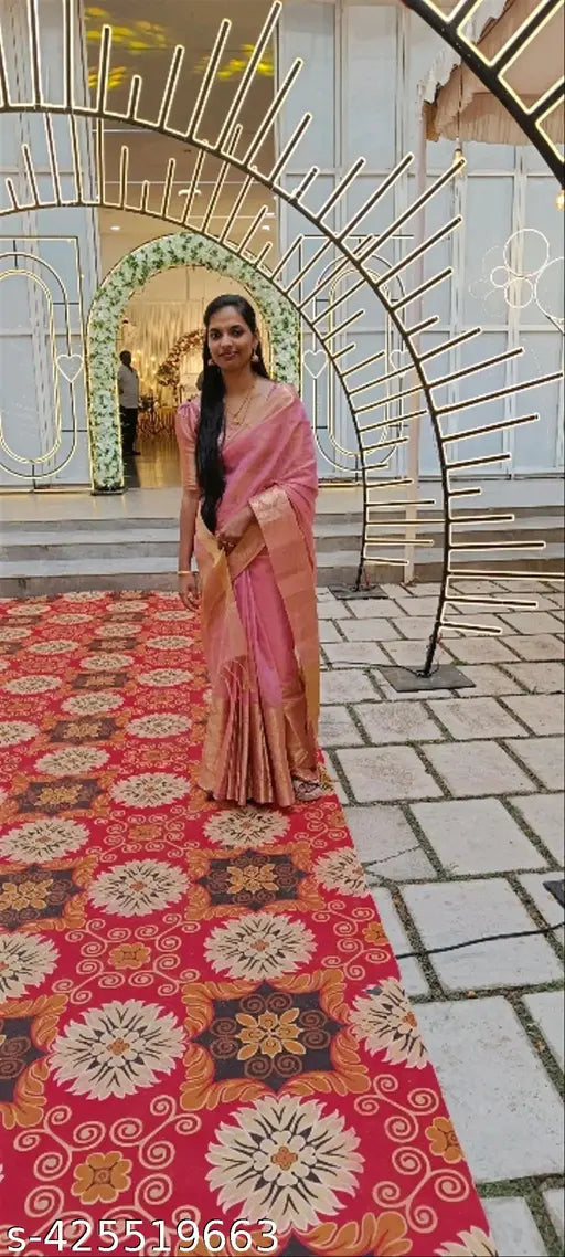 Wedding Anniversary Tissue Banarasi Pink Saree with Zari Border