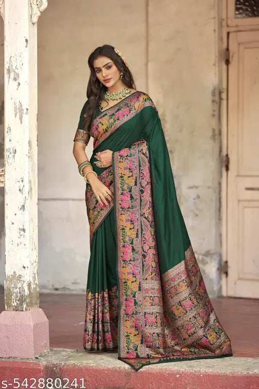 Dark Green Pure Dola Silk Handloom Paithani Saree
