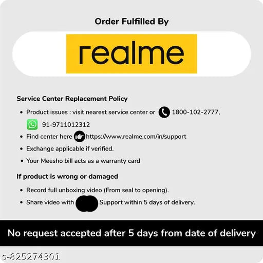 Realme service center replacement policy card with contact information and product issues instructions.