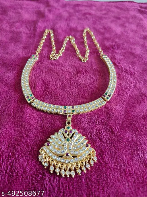 Onam Special Brass Gold‑Plated Jewel Set | Necklace with CZ Stones