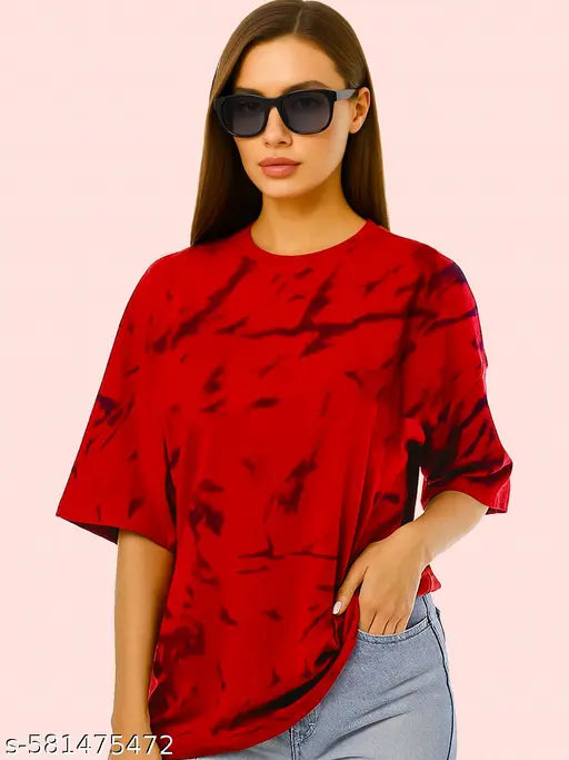Women’s Oversized Printed Cotton Blend T‑Shirt – Red, Drop Shoulder