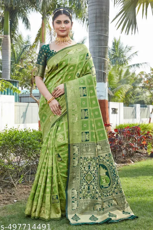 Cotton Silk Jacquard Saree - Green Banarasi Saree