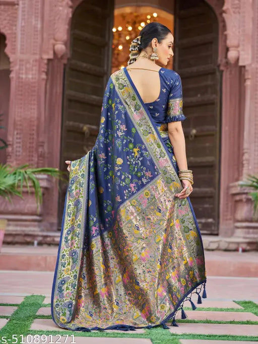 Kanchipuram Paithani Silk Saree | Navy Blue Handloom with Gold Zari Work